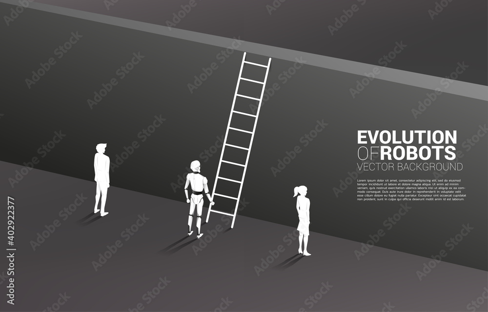 Poster silhouette robot standing with with ladder to climb to wall and businesswoman and businessman. busin