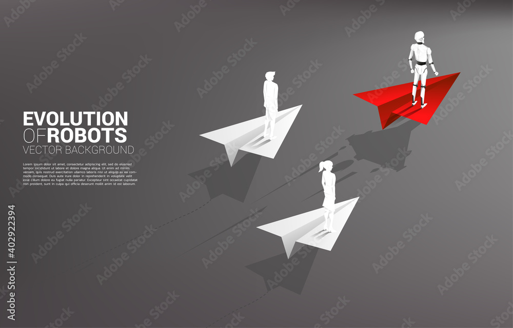 Poster Silhouette robot standing on faster paper airplane. Business concept for machine learning and a.i artificial intelligence.human vs. robot.