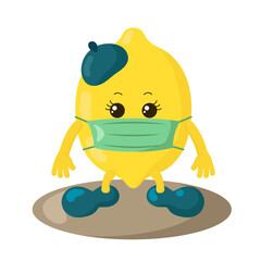 Cute kawaii lemon with shoes, beret and protective medical mask. Colored isolated natural vector illustration in flat design with shadows	