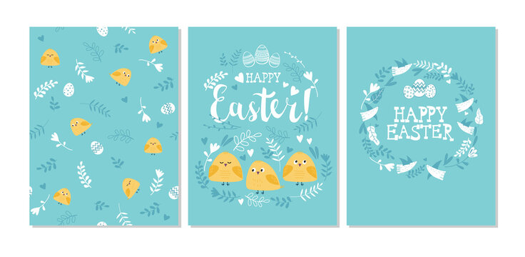 Set of Easter greeting cards with funny chiks and birds in cartoon style and caligraphy