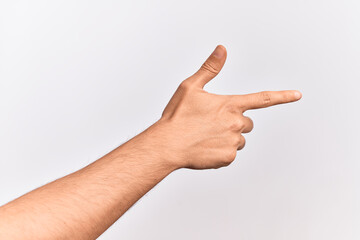 Hand of caucasian young man showing fingers over isolated white background pointing with index finger to the side, suggesting and selecting a choice