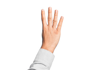 Hand of caucasian young man showing fingers over isolated white background counting number 4 showing four fingers