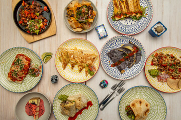 overhead shot of assorted dishes of Mexican food