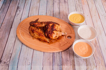 half roasted chicken with sauces