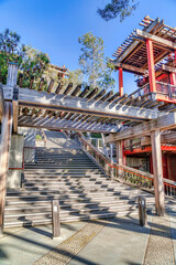 Pergola over stairs and wooden building in San Diego California on a sunny day