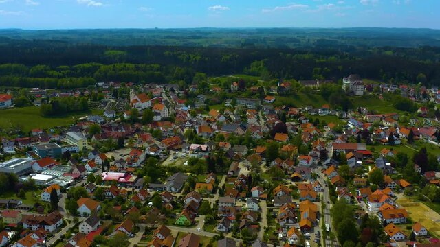 Aerial view of the city and castle Bad Grönenbach in Germany, Bavaria on a sunny spring day