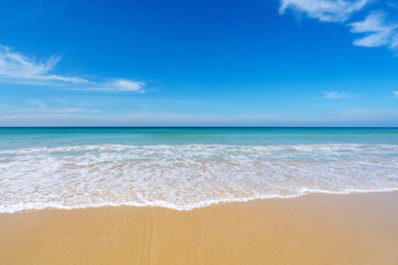Beach in summer season at karon beach Phuket on December 7,2020 Concept Travel and tour,Empty beach deserted and New normal after covid-19 karon beach is famous tourist destination at Phuket