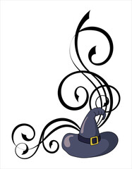 Halloween angle border with witch hat and swirl pattern. Colored decorative vector illustration on white background	
