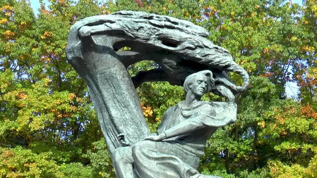Monument to Polish composer Frederic Chopin in Warsaw, Poland. Chopin seeking inspiration under a willow tree.
