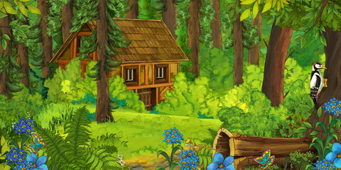 Obraz na płótnie Canvas cartoon scene with farmer near the wooden farm in the forest - illustration