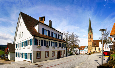 Town hall and Marienkirche (church) in Baiersbronn, Black Forest, Germany