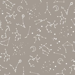 Constellations. Vector seamless pattern with zodiac signs. Decorative background