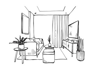 Hand drawn sketch interior living room modern style - Illustration.