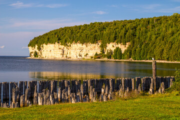 View of limestone cliff on the coast of Lake Michigan at Fayette State Park in the Upper Peninsula of Michigan.