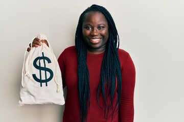 Young black woman with braids holding dollars bag looking positive and happy standing and smiling with a confident smile showing teeth