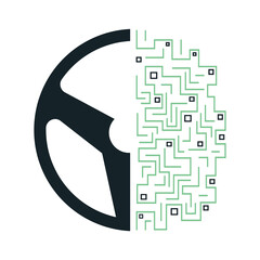 Steering Wheel and Digital Brain vector  Template Design.  Connection Between Brain Driving and Steering .