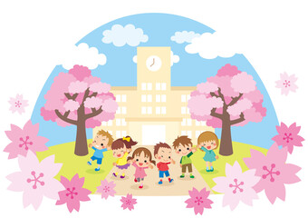 可愛い小学生の子どもたちと小学校の校舎　風景　イラスト　アイコン　ドーム型