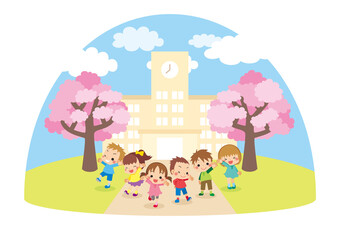 可愛い幼稚園児の子供たちと幼稚園のイラスト 桜咲く春の風景 年少さんキッズ6人組 アイコン Wall Mural ぽこたぽこ