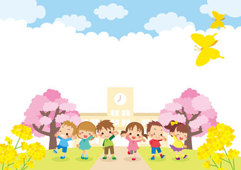 可愛い小学生の子どもたちと小学校の校舎　風景　イラスト　テンプレート