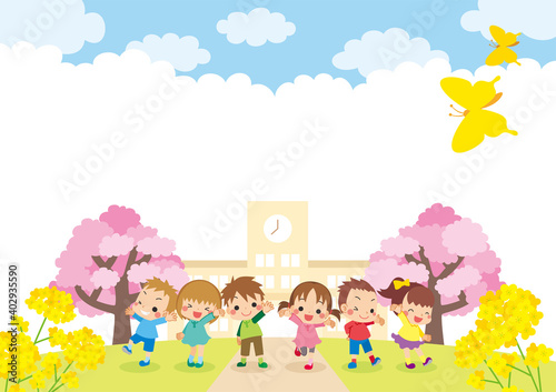 可愛い小学生の子どもたちと小学校の校舎 風景 イラスト テンプレート April Wall Mural Apr ぽこたぽこ