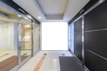 A large blank billboard attached to the entrance of a modern office building