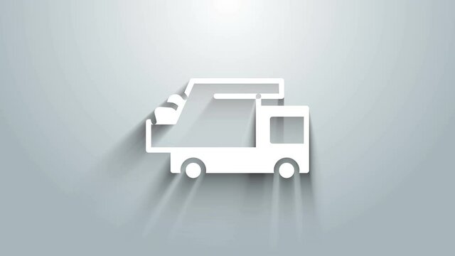 White Garbage truck icon isolated on grey background. 4K Video motion graphic animation