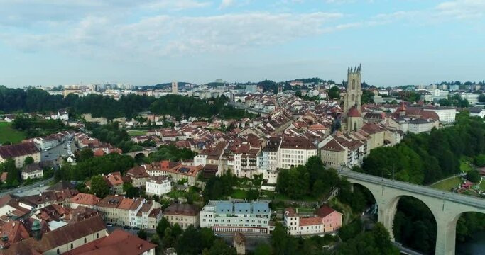 Drone aerial fribourg switzerland village and city summer