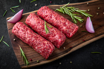 Beef sausages. Fresh raw meat prepared for cooking.
