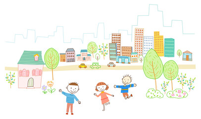Obraz na płótnie Canvas 도시를 배경으로 즐겁게 노는 아이들
