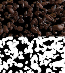 3D illustration of a coffee beans flow with alpha layer