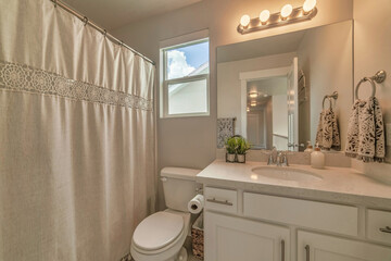 Toilet shower curtain oval sink and cabinet inside bathroom of home with window