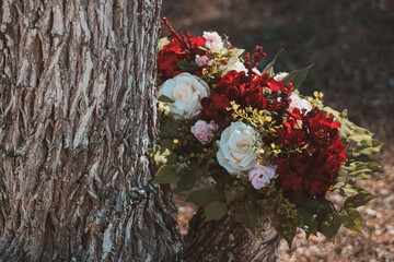 Fall Bouquet of roses and hydrangeas in woods