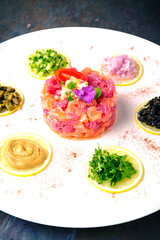 Fresh Salmon and Tuna tartare. Italian restaurant. Menu. Free space for text