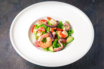 Seafood salad. Italian restaurant. Menu. Free space for text