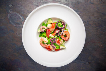 Seafood salad. Italian restaurant. Menu. Free space for text