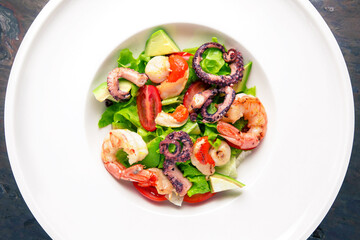 Seafood salad. Italian restaurant. Menu. Free space for text