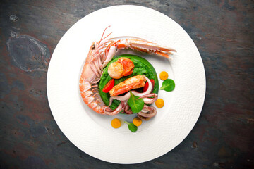 Langoustine, scallop, octopus, mussels, spinach puree. Italian restaurant. Menu. Free space for text