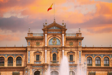 Fototapeta premium Seville, Spain. Famous landmark - Plaza de Espana in Seville, Andalusia, Spain. Renaissance Revival style. Spain Square. Altered Sunset Sky