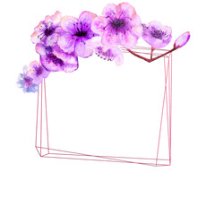 Cherry blossom, cherry blossom Branch with bright lilac flowers on a geometric frame on an isolated white background. Image of spring. Watercolor illustration. Design element.