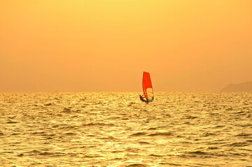 Windsurfing at sea. Red sail against a pink sunset.