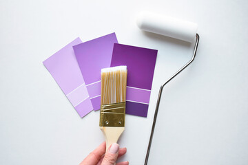 Purple paint colour swatches with paintbrush, paint roller on white background