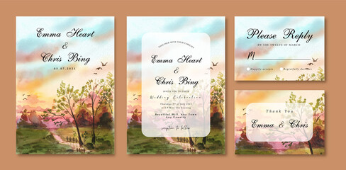 Watercolor Wedding Invitation Card with Sunset Sky and Trees