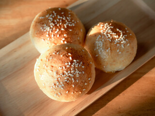 Fresh homemade burger buns with sesame seed.