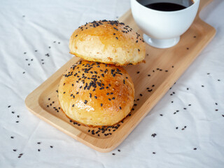 Fresh homemade burger buns with sesame seed.
