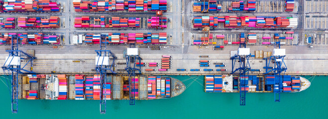 Aerial view container ship at port with crane port, Container ship carrying container import and...