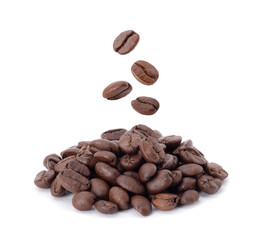 Flying whirl roasted coffee beans in the air studio shot isolated on white background, Healthy products by organic natural ingredients concept
