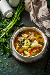 Hot delicious beef soup. Homemade soup with meat, vegetables and gnocchi on a dark stone background. Copy space.