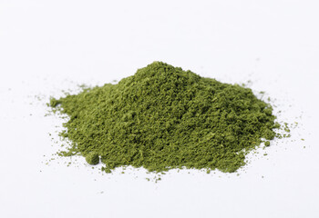 Heap of matcha green tea powder isolated on white background, Organic product from the nature for healthy with traditional style