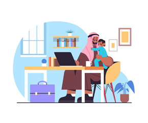 arab father sitting at workplace with little son fatherhood parenting concept dad spending time with his kid at home living room interior horizontal full length vector illustration