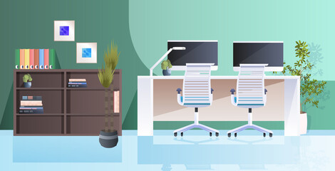 workplace with computer monitors modern cabinet interior empty no people office room with furniture horizontal vector illustration